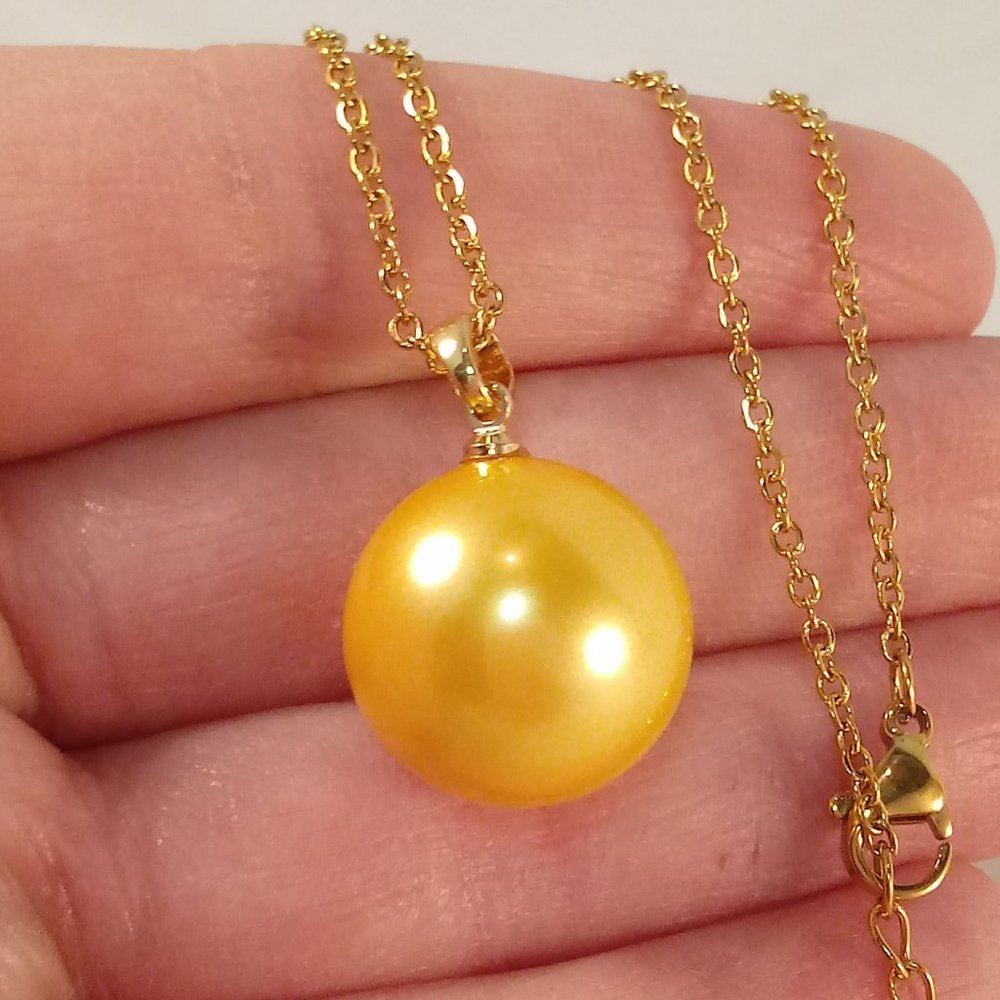 Yellow Gold 925 Silver Golden Shell Pearl Pendant Chain Necklace 16mm